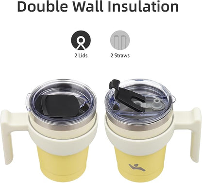 Konokyo 10 oz Tumbler with Handle and 2 Straw 2 Lid, Insulated Water Bottle Stainless Steel Vacuum Cup Reusable Travel Mug,Lemon