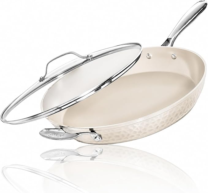 GOTHAM STEEL HAMMERED 14 Inch Non Stick Frying Pans with Lid, Extra Large Frying Pans Nonstick Cooks Family Sized Meals, Non Toxic PFOA Free, Induction Ready, Oven and Dishwasher Safe