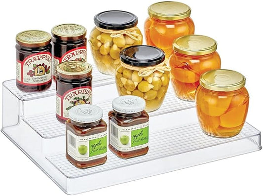 mDesign Plastic Kitchen Spice Bottle Rack Holder, Food Storage Organizer for Cabinet, Cupboard, Pantry, Shelf - Holds Spices, Mason Jars, Baking Supplies, Canned Food - 3 Level Storage - Clear