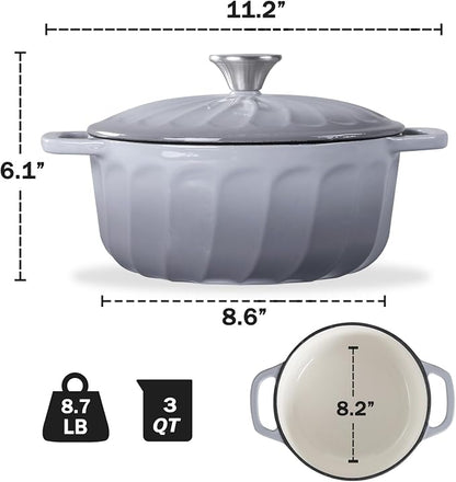 Enameled Cast Iron Dutch Oven Pot with Lid, 3 QT Dutch Oven for Bread Baking, Heavy Duty Cast Iron Pot for Braising, Cook, Bake, Oven Safe across All Cooktops (Gray,3 QT)