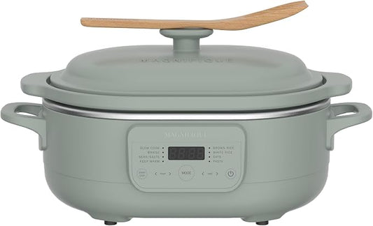4 Quart Claypot Slow Cooker, 8-in-1 Multi Cooker with Flexible Programming, Removable Crock, Nonstick, Oven Safe Pot to 450°F, Olive