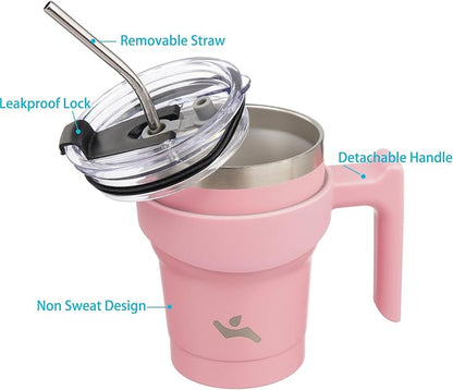 Konokyo 10 oz Tumbler with Handle and 2 Straw 2 Lid, Insulated Water Bottle Stainless Steel Vacuum Cup Reusable Travel Mug, Light Pink