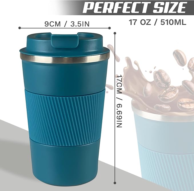 SPLMIFA Vacuum Insulated Stainless Steel Travel Coffee Mug with Lid, Leak-Proof Reusable Thermal Cup Keeps Drinks Hot & Cold for Hours, Durable Portable Tumbler for Men & Women(3rd-Blue, 17OZ)