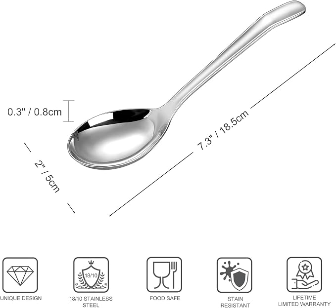 KEAWELL Premium 7.3 Inches Soup Spoons with Hook Handle, Set of 4, 18/10 Stainless Steel, Deep Bowl, Perfect for Ramen, Pho, Miso, Dumplings, Noodles, Wonton, Dishwasher Safe (Curved-Handle)