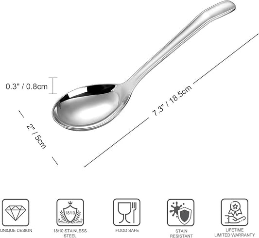 KEAWELL Premium 7.3 Inches Soup Spoons with Hook Handle, Set of 4, 18/10 Stainless Steel, Deep Bowl, Perfect for Ramen, Pho, Miso, Dumplings, Noodles, Wonton, Dishwasher Safe (Curved-Handle)