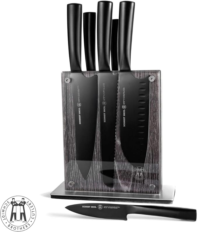 Schmidt Brothers - Jet Black Series 7-Piece Kitchen Knife Set, High-Carbon German Stainless Steel Cutlery, Pure Matte Black Titanium Finish With Clear Acrylic Magnetic Knife Block