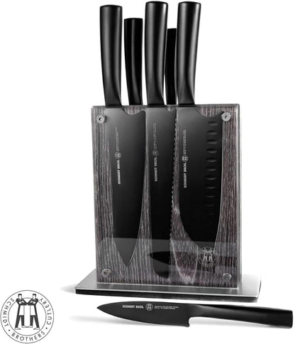 Schmidt Brothers - Jet Black Series 7-Piece Kitchen Knife Set, High-Carbon German Stainless Steel Cutlery, Pure Matte Black Titanium Finish With Clear Acrylic Magnetic Knife Block