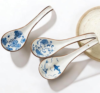 Asian Soup Spoons Chinese,3 PCS Ceramic Measuring Spoons for Rice Reman Noodle Wonton Miso Pho Dumpling,Gifts for Friends Family