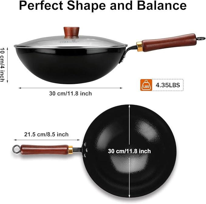 Carbon Steel Wok Pan, 11.8-Inch Nonstick Pre-Seasoned Woks & Stir-Fry Pans with Glass Lid, No Chemical Coated Wok Round Bottom Hand Hammered Chinese Wok for Induction, Gas, Electric & All Stoves