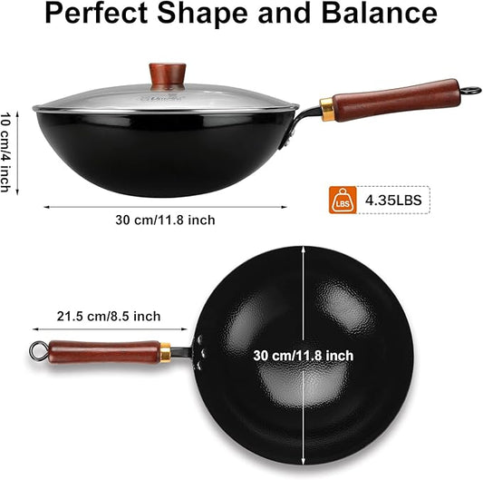 Carbon Steel Wok Pan, 11.8-Inch Nonstick Pre-Seasoned Woks & Stir-Fry Pans with Glass Lid, No Chemical Coated Wok Round Bottom Hand Hammered Chinese Wok for Induction, Gas, Electric & All Stoves