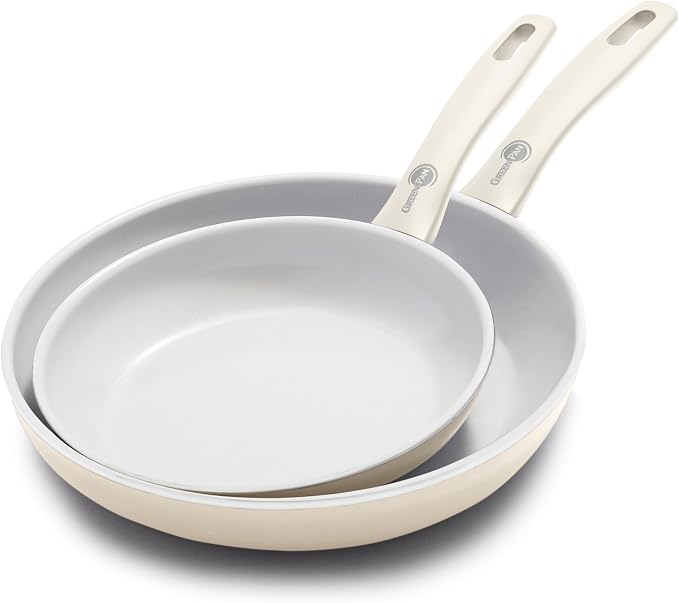 GreenPan Dover 8” 10” 2 Piece Frying Pan Skillet Set, Non-Toxic PFAS-Free Ceramic Nonstick Coating, Sear Saute Fry Egg Omlete, Dishwasher & Oven Safe, Stay Cool Handle, Easy Pour Rims, Cream White