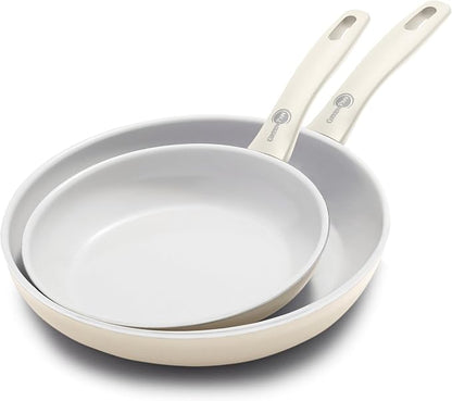 GreenPan Dover 8” 10” 2 Piece Frying Pan Skillet Set, Non-Toxic PFAS-Free Ceramic Nonstick Coating, Sear Saute Fry Egg Omlete, Dishwasher & Oven Safe, Stay Cool Handle, Easy Pour Rims, Cream White