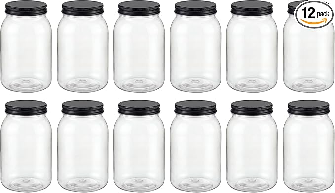 novelinks 32 oz Clear Plastic Jars with Lids, 12 Pack Large Plastic Mason Jars with Lids 32oz, Reusable Quart Containers for Kitchen Organization (12 Pack,Black)