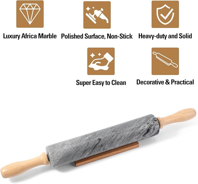 African Natural Marble Rolling Pin, Non-Stick Polished Dough Roller, Pasta, Dumpling, Fondant, Pie Crust, Bread, Pizza Dough, Kitchen Baking Pastry Tools with Mat/Scraper(Monte Grigio)