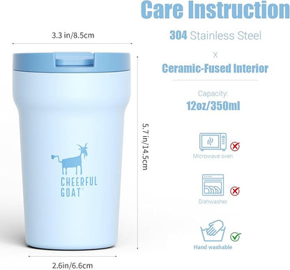 CHEERFUL GOAT Ceramic Lined Coffee Mug – Stainless Steel Travel insulated Tumbler with Ceramic Liner, with lid, 12oz Leak proof Cup for Hot and Cold Water Coffee at Home, Office, or On the Go (Blue)