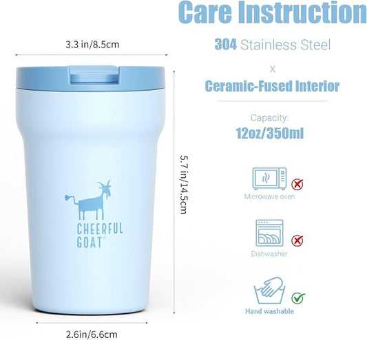 CHEERFUL GOAT Ceramic Lined Coffee Mug – Stainless Steel Travel insulated Tumbler with Ceramic Liner, with lid, 12oz Leak proof Cup for Hot and Cold Water Coffee at Home, Office, or On the Go (Blue)