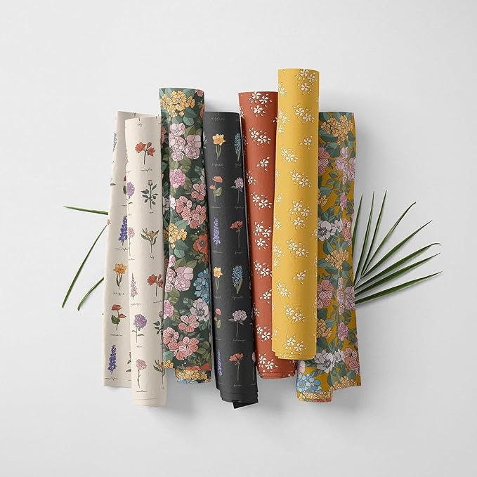Patchwork Fabric Panel 100x155 cm, 100% Cotton Satin, 6 Coordinated Floral Botanical Patterns, Mustard Yellow & Dark Garden Quilting Fabric (Floral Symphony, 6pcs 50x50cm)