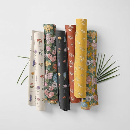 Patchwork Fabric Panel 100x155 cm, 100% Cotton Satin, 6 Coordinated Floral Botanical Patterns, Mustard Yellow & Dark Garden Quilting Fabric (Floral Symphony, 6pcs 50x50cm)