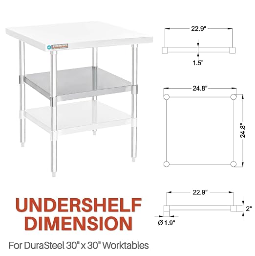 DuraSteel Galvanized Under Shelf for Work Tables - Extra Adjustable Lower Shelf for 30" x 30" Stainless Steel and Wooden Worktables - Fits for use in Restaurant, Warehouse, Home, Kitchen, Garage
