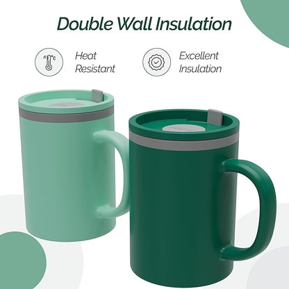 Copco Iconic 16oz Double Wall Insulated Desk Mug with Lid & Handle, Set of 2, BPA-Free Reusable Plastic, Spill-Resistant, Microwave & Dishwasher Safe, Wide Mouth (Green/Hunter Green)