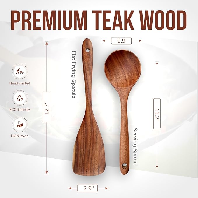 2 Piece Teak Wood Utensils Set– Flat Edge Turner & Serving Spoon – Non Toxic, Dishwasher Safe, Plastic Free Wooden Spatulas for Nonstick Pans – Essential Kitchen Utensils for Cooking"