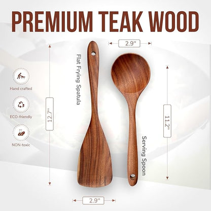 2 Piece Teak Wood Utensils Set– Flat Edge Turner & Serving Spoon – Non Toxic, Dishwasher Safe, Plastic Free Wooden Spatulas for Nonstick Pans – Essential Kitchen Utensils for Cooking"