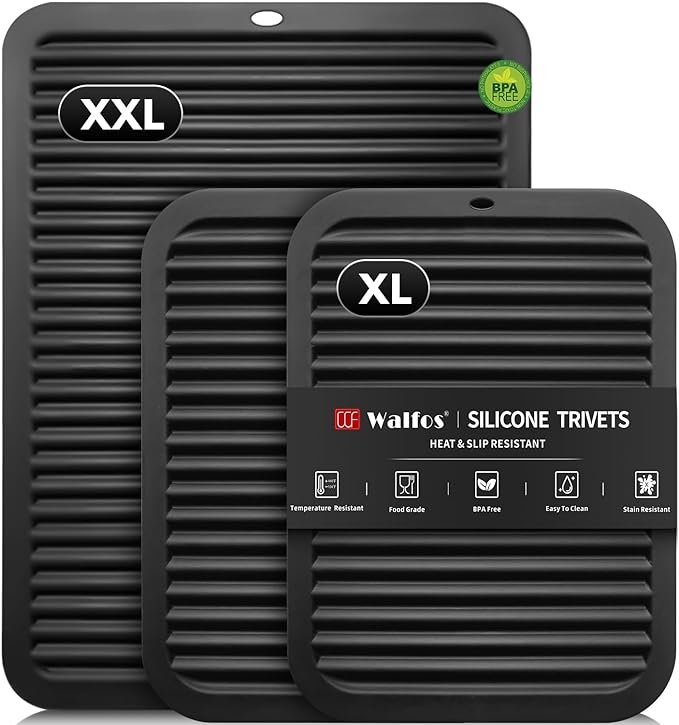 Two black silicone trivets with 'XXL' and 'XL' labels, featuring the Walfos brand.