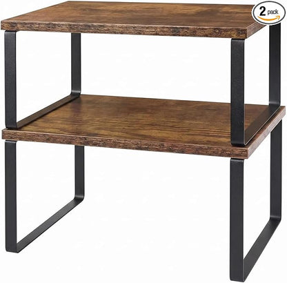 Kitchen Cabinet Organizer Shelf, Set of 2 Stackable Spice Rack Storage, Heavy Duty Metal & Wood Countertop Display Stand for Seasoning Bottles, Jars & Pantry Essentials（Brown）