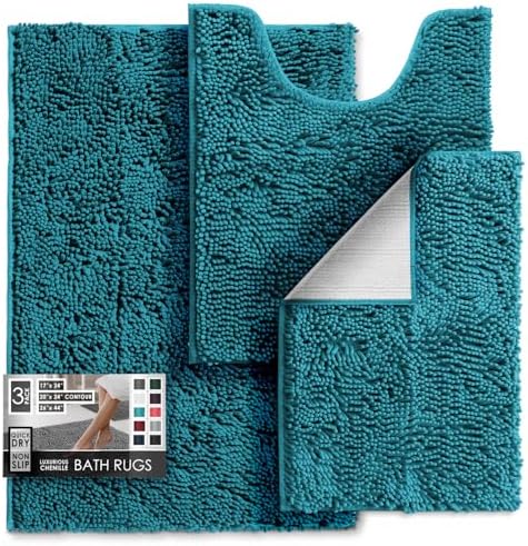 Hearth & Harbor Bathroom Rugs, Chenille Bath Mat - Machine Washable Bath Mats for Bathroom Non-Slip Backing Rubber, Quick Dry Mat - Teal Blue Bath Rug, 17x24-26x44-20x24