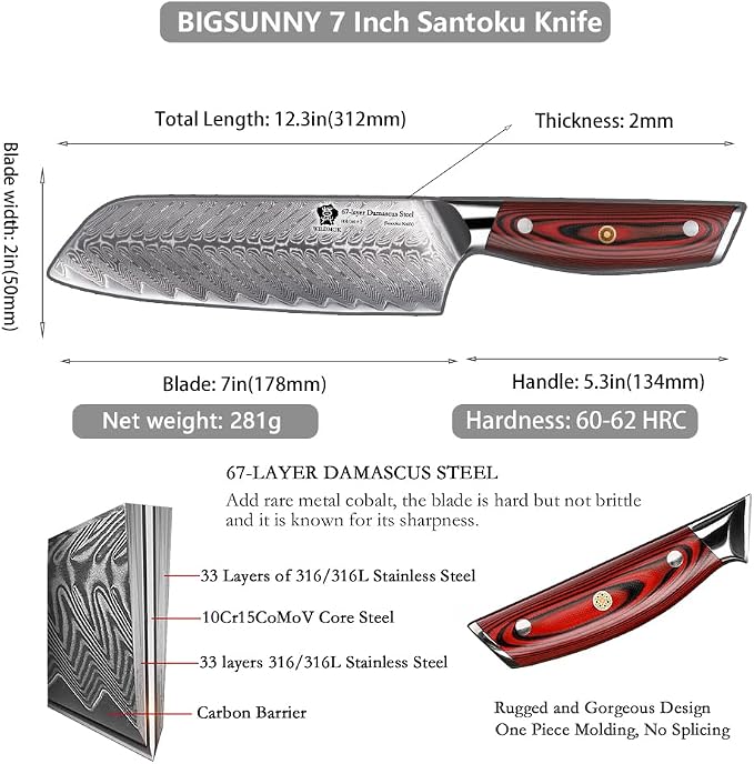 WILDMOK Damascus Santoku Knife, 7 Inch Sharp Professional Meat Vegetable Knife, Japanese Super VG10 Steel Multifunction Asian Knife with Full Tang G10 Handle-Song Series