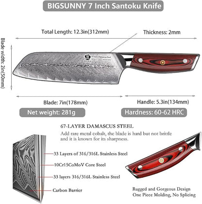 WILDMOK Damascus Santoku Knife, 7 Inch Sharp Professional Meat Vegetable Knife, Japanese Super VG10 Steel Multifunction Asian Knife with Full Tang G10 Handle-Song Series