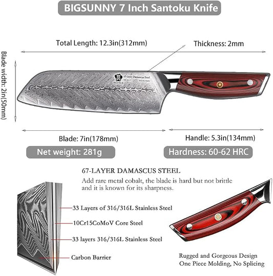 WILDMOK Damascus Santoku Knife, 7 Inch Sharp Professional Meat Vegetable Knife, Japanese Super VG10 Steel Multifunction Asian Knife with Full Tang G10 Handle-Song Series