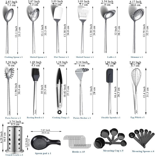 Stainless Steel Kitchen Utensils Set 40 Pieces, Cooking Utensil Set with Utensils Holder, Kitchen Gadgets Kitchen Essentials New Home, House, Appartment Must Have, Metal Spatula Set