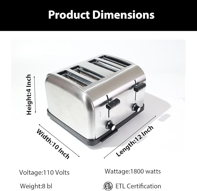 Commercial Grade Toaster 4 Slice 225 pcs/Hour 1800W Industrial Toasters Wide Slot 6-Settings Stainless Steel Heavy Duty for Restaurant Bagels,muffin,Tray, Bread, Breakfast, Texas Toast