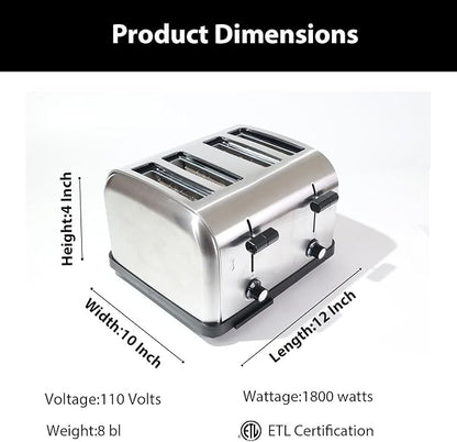 Commercial Grade Toaster 4 Slice 225 pcs/Hour 1800W Industrial Toasters Wide Slot 6-Settings Stainless Steel Heavy Duty for Restaurant Bagels,muffin,Tray, Bread, Breakfast, Texas Toast