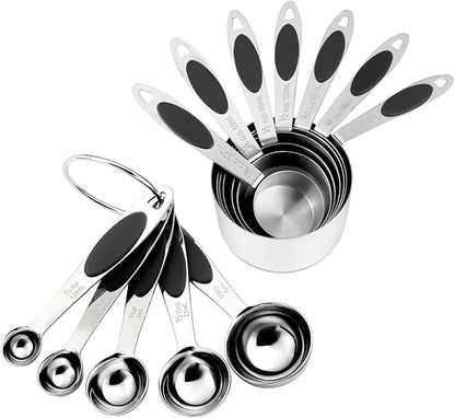 Magnetic Measuring Cups and Spoons Set, 12 Piece Stainless Steel Measuring Cups and Spoons Set, Nesting Kitchen Gadgets with Removable Clasp for Cooking & Baking (Black)