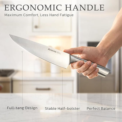 Astercook Knife Set, Kitchen Knives Set with Block and Sharpener Full Tang 15 Pcs Stainless Steel Knives, Dishwasher Safe Knife Set with Anti-slip Ergonomic Handle, Black, Fathers Day Gift for Men