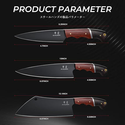 DRGSKL Japanese Chef Knife Set - 3 PCS Kitchen Utility Knife Sets for Cooking, Meat Cleaver Knives Set with Full Tang Wooden Handle, Gifts for Men and Women