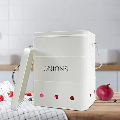 Onion Storage Bin, Metal Storage Tin with Aerating Holes - Kitchen Pantry Organizer, Fresh Keeper (White)