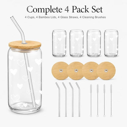 Glass Cups with Lids and Straws with Heart Design, 4 Pack 16 oz Cute Glass Iced Coffee Cups for Friends, Couples, Tea and Juice