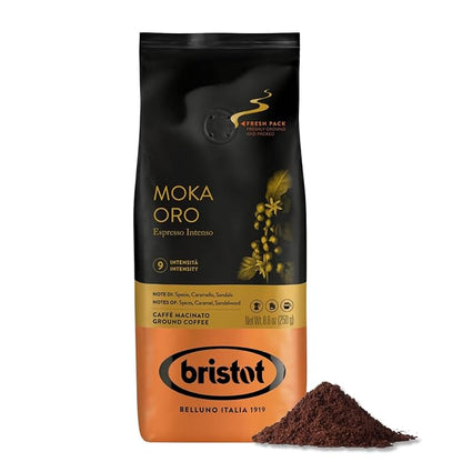 Bristot Moka Oro Ground Coffee – Italian Espresso – Medium Roast – Notes of Spices, Caramel & Sandalwood – For Moka, French Press, Pour Over – 8.8oz (250g)