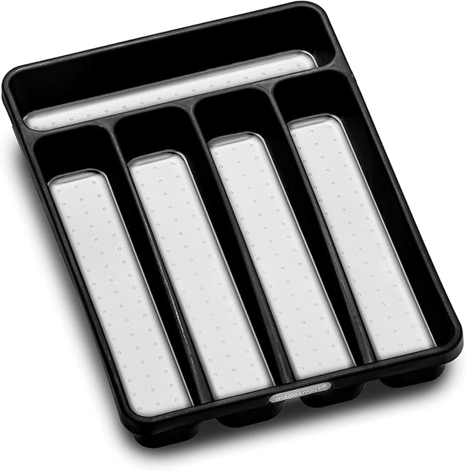 madesmart Classic Compact Silverware Tray with Soft Grip Lining, Carbon | Nonslip feet, 5 compartments, small drawer fit, forks, knives, spoons, cutlery, flatware