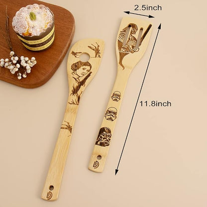 5 PCS Star Wars Burned Wooden Spoon,Star Wars Gifts for Men,Baby Yoda Gifts for Women,Slotted Wooden Spatula Utensil Set for Starwars Christmas Gift
