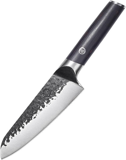 MITSUMOTO SAKARI 7-Inch Japanese Santoku Knife, SKD-11 Steel | Wide 2mm Santoku blade for slicing, dicing and mincing, 3-layer SKD-11 steel, textured finish, pakkawood handle