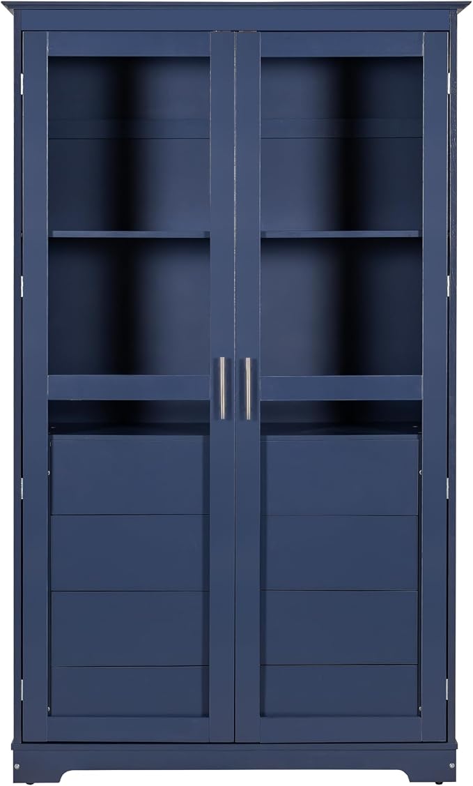 VilroCaz 75'' Tall Kitchen Pantry, Wood Freestanding Kitchen Storage Cabinet Display Cabinet with Glass Doors and 4 Built-in Drawers for Living Room Home Office (Blue-6.21)