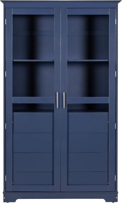 VilroCaz 75'' Tall Kitchen Pantry, Wood Freestanding Kitchen Storage Cabinet Display Cabinet with Glass Doors and 4 Built-in Drawers for Living Room Home Office (Blue-6.21)