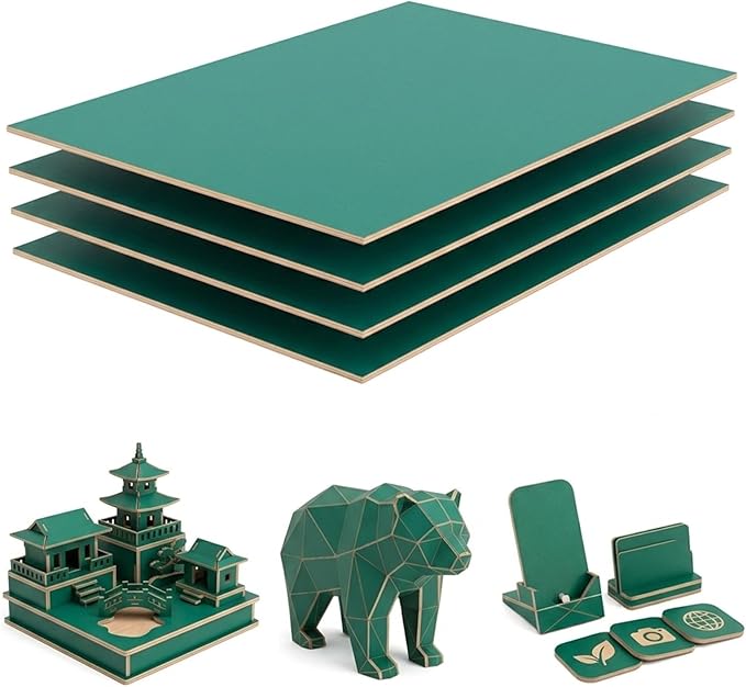 4 Pack Double-Sided Pre-Painted Colored Plywood Sheets, 11.7"x8.27"x1/8" (3mm) Laser-Friendly Craft Boards for Cutting & Engraving (Green)