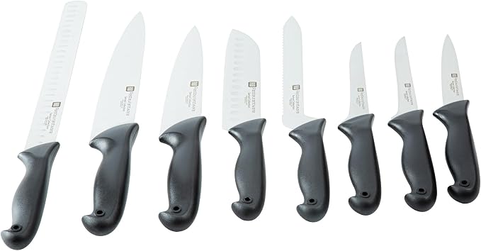 Restaurantware Sensei 8-Piece Knife Set 1 With Colored Coded Pins Professional Knife Set For Chefs - Razor Sharp Stain-Resistant Black German Steel Steel Knife Set Ergonomic Handle