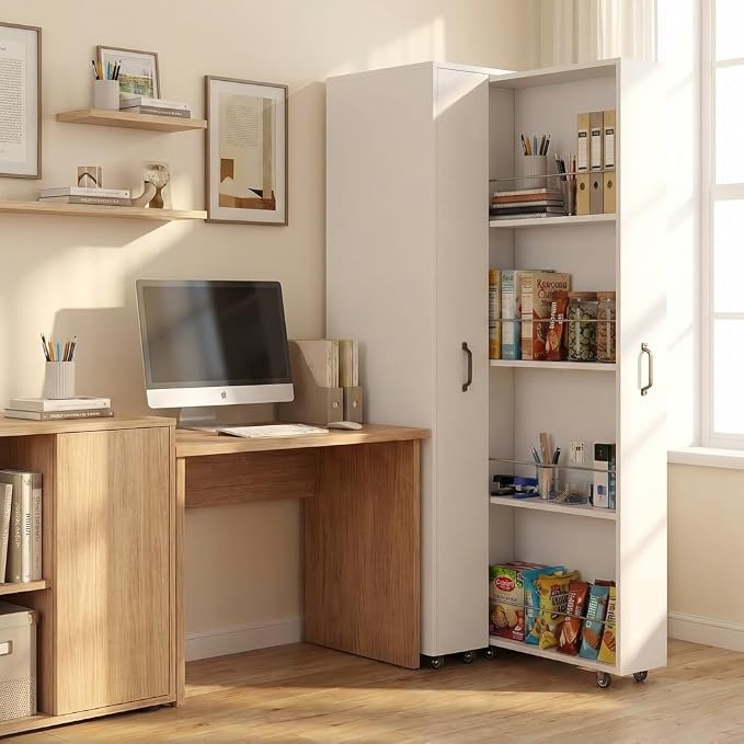 Double Pull Out Pantry Cabinet, Slim Rolling Storage Cart for Kitchen & Home Office, 8-Tier Wood Rolling Pantry Cart Gap Filler for Laundry Room, Dustproof Slide Out Organizer, 62" H White