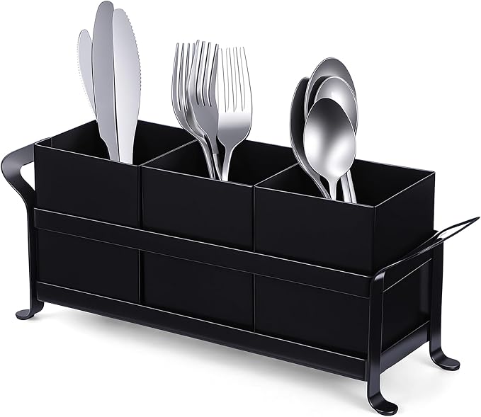Cutlery Holder, Silverware Caddy Organizer Bin Holder - 3 Compartment Metal Utensil Tray with Drain Holes & Handle for Kitchen Countertop, Dining Table, Parties - Black